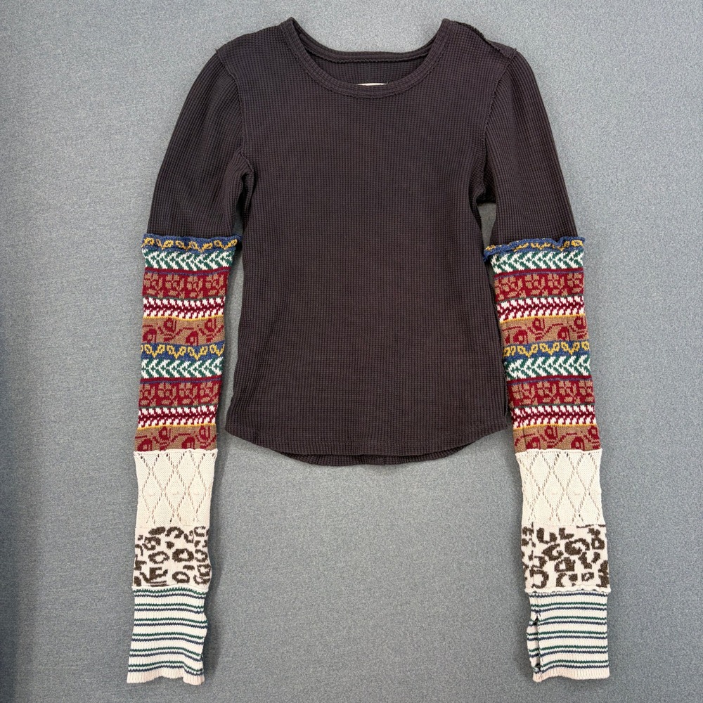 We The Free Free People Mixed Media Waffle Knit Thermal Top XS Charcoal Boho